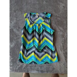 Banana Republic Petite S Sleeveless Blouse Chevron Geometric Blue Green Pleated
